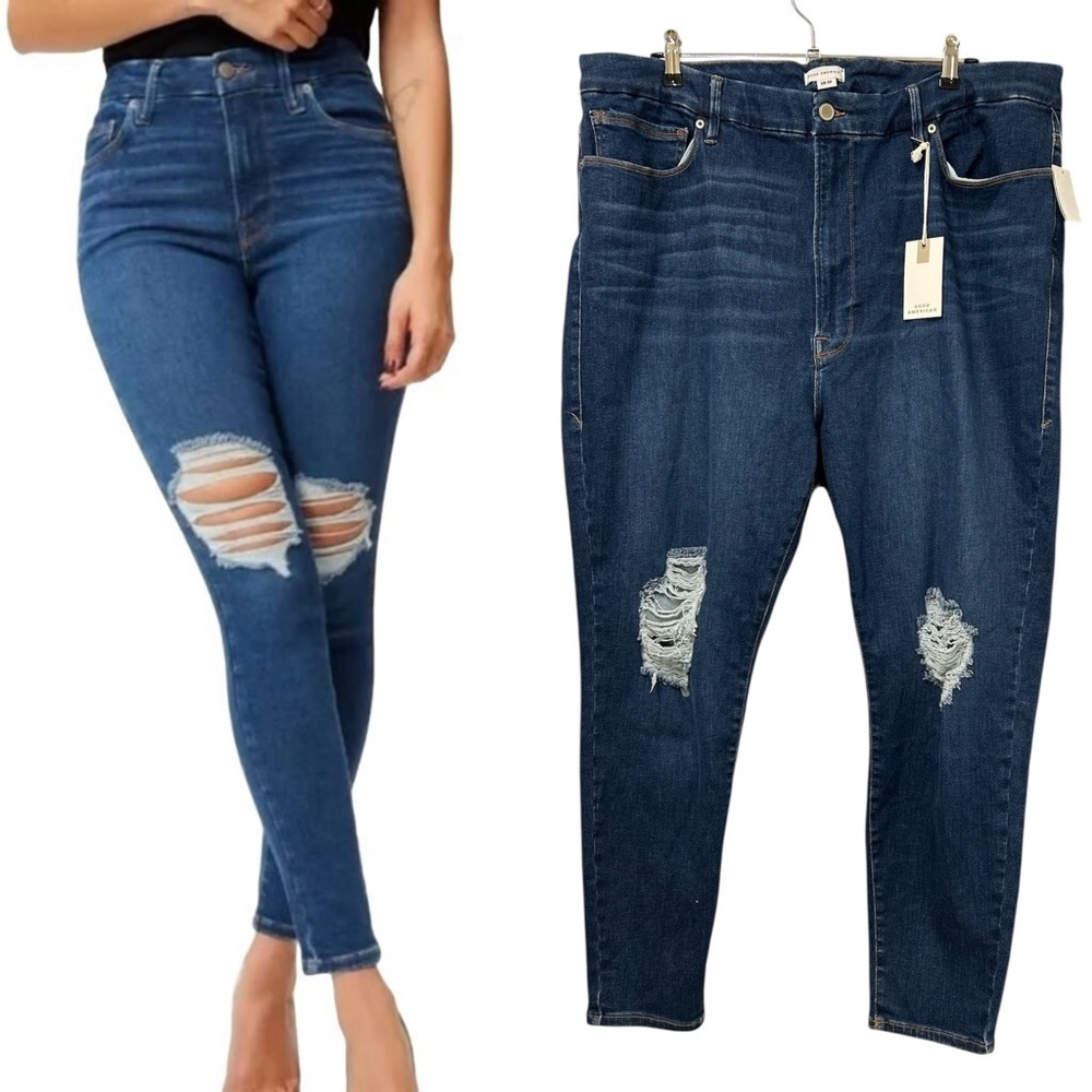 NWT Good American Always Fits Skinny Jeans Distressed Blue05, Size 28-32